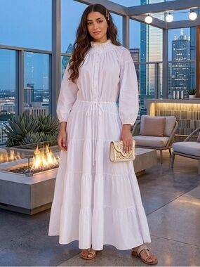 Teija White Tiered Maxi Dress with Long Sleeves size 10